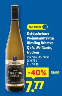 Lidl Deidesheimer Weinmanufaktur Riesling Réserve QbA, Weißwein, trocken Angebot
