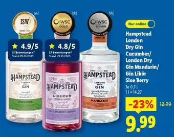 Lidl Hampstead London Dry Gin Cucumber/ London Dry Gin Mandarin/ Gin Likör Sloe Berry Angebot