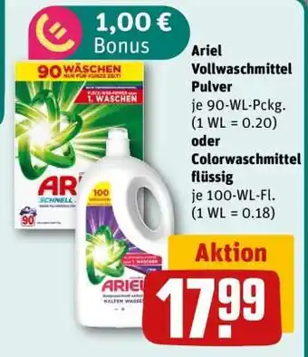 REWE Ariel Vollwaschmittel Pulver oder Colorwaschmittel flüssig Angebot