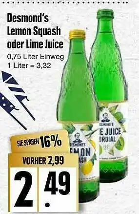 Edeka Desmond's Lemon Squash Oder Lime Juice Angebot