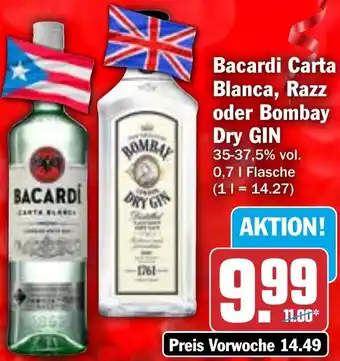 HIT Bacardi Carta Blanca, Razz oder Bombay Dry GIN Angebot