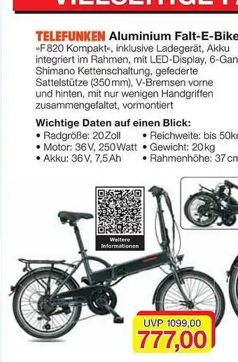 Jawoll Telefunken Aluminium Falt-e-bike „f820 Kompakt“ Angebot