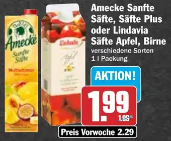 HIT Amecke Sanfte Säfte, Säfte Plus oder Lindavia Säfte Apfel, Birne Angebot