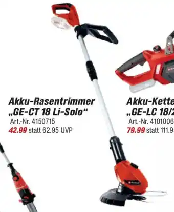 toom Baumarkt Einhell Akku-Rasentrimmer ,,GE-CT 18 Li-Solo" Angebot