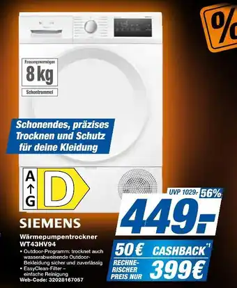 Expert Siemens wärmepumpentrockner wt43hv94 Angebot
