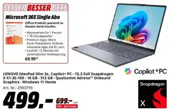 Saturn LENOVO IdeaPad Slim 3x, Copilot+ PC-15,3 Zoll Snapdragon XX1-26-100 Angebot