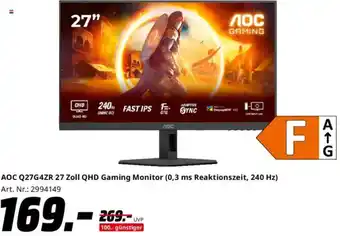Saturn AOC Q27G4ZR 27 Zoll QHD Gaming Monitor (0,3 ms Reaktionszeit, 240 Hz) Angebot