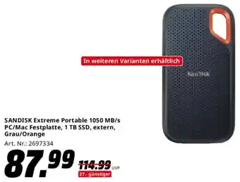 Saturn SANDISK Extreme Portable 1050 MB/s PC/Mac Festplatte, 1 TB SSD, extern, Grau/Orange Angebot