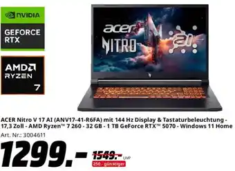 Saturn ACER Nitro V 17 AI (ANV17-41-R6FA) mit 144 Hz Display & Tastaturbeleuchtung Angebot