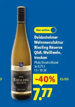 Lidl Deidesheimer Weinmanufaktur Riesling Réserve QbA, Weißwein, trocken Angebot