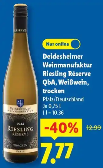 Lidl Deidesheimer Weinmanufaktur Riesling Réserve QbA, Weißwein, trocken Angebot