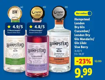 Lidl Hampstead London Dry Gin Cucumber/ London Dry Gin Mandarin/ Gin Likör Sloe Berry Angebot