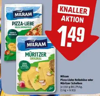 REWE Milram Pizza-Liebe Reibekäse oder Müritzer Scheiben Angebot