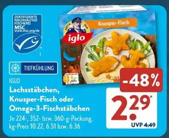 Aldi Süd IGLO Lachsstäbchen, Knusper-Fisch oder Omega-3-Fischstäbchen Angebot
