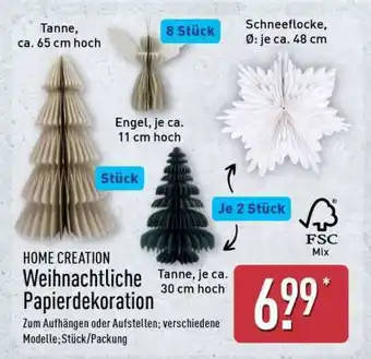 Aldi Nord HOME CREATION Weihnachtliche Papierdekoration Angebot
