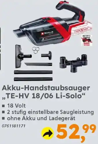 Globus Baumarkt Einhell Akku-Handstaubsauger ,TE-HV 18/06 Li-Solo" Angebot