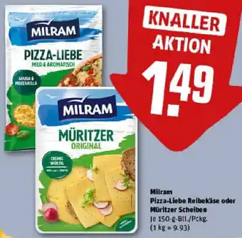 REWE Milram Pizza-Liebe Reibekäse oder Müritzer Scheiben Angebot