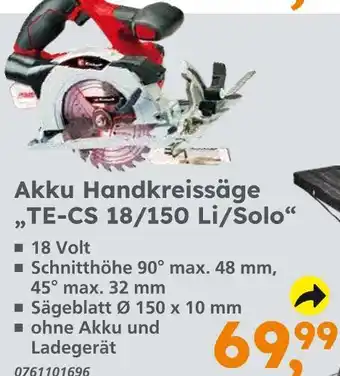 Globus Baumarkt Akku handkreissäge te-cs 18/150 li/solo Angebot