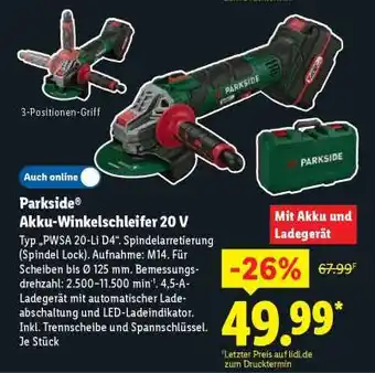 Lidl PARKSIDE Akku-Winkelschleifer 20 V Angebot