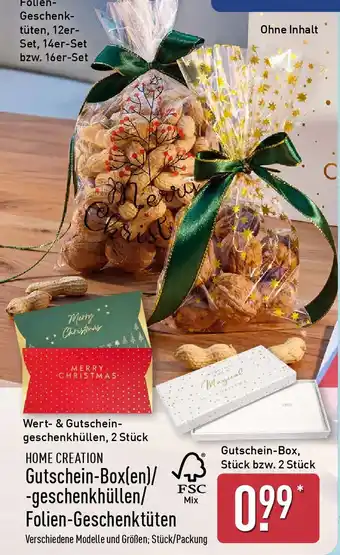 Aldi Nord HOME CREATION Gutschein-Box(en)/ -geschenkhüllen/ Folien-Geschenktüten Angebot