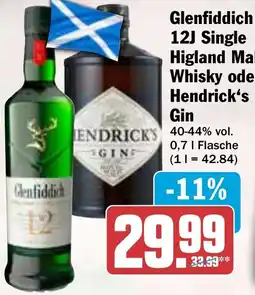 HIT Glenfiddich 12J Single Higland Malt Whisky oder Hendrick's Gin Angebot