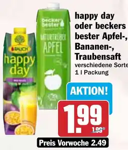 HIT happy day oder beckers bester Apfel-, Bananen-, Traubensaft Angebot