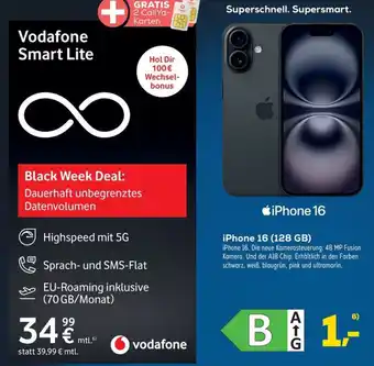 Euronics iPhone 16 (128 GB) + Vodafone Smart Lite Angebot