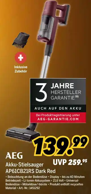 MEDIMAX Aeg akku-stielsauger ap61cb21rs dark red Angebot
