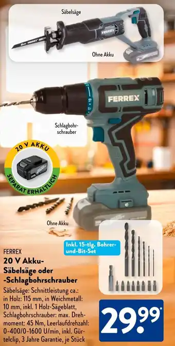 Aldi Süd FERREX 20 V Akku Säbelsäge oder Schlagbohrschrauber Angebot