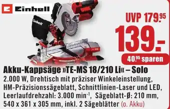 B1 Discount Baumarkt Einhell Akku-Kappsäge TE-MS 18/210 Li Solo Angebot