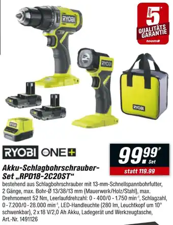 toom Baumarkt Ryobi akku-schlagbohrschrauber-set rpd18-2c20st Angebot