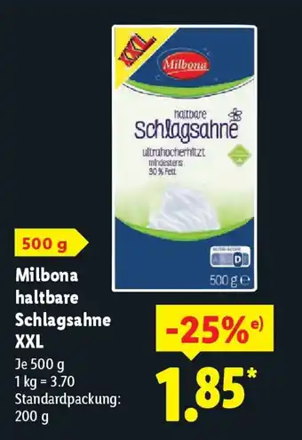 Lidl Milbona haltbare Schlagsahne XXL Angebot