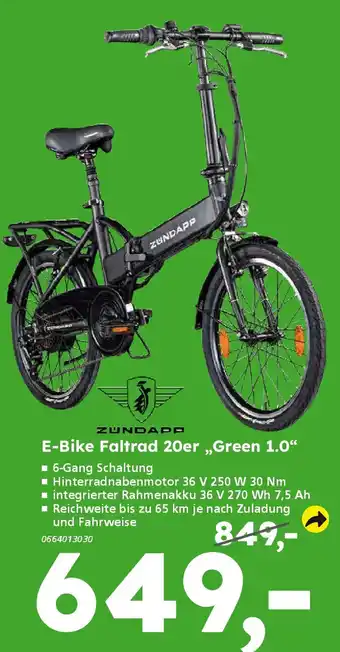Globus Baumarkt ZUNDAPP E-Bike Faltrad 20er „Green 1.0" Angebot