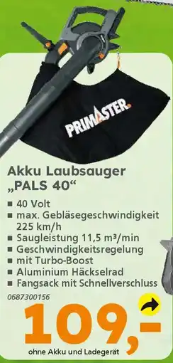 Globus Baumarkt PRIMASTER Akku Laubsauger ,,PALS 40" Angebot