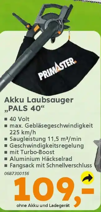 Globus Baumarkt PRIMASTER Akku Laubsauger ,,PALS 40" Angebot