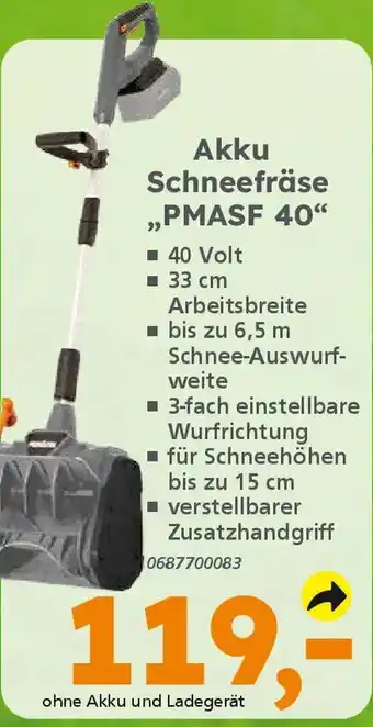 Globus Baumarkt Akku Schneefräse ,,PMASF 40" Angebot