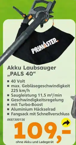 Globus Baumarkt Primaster akku laubsauger pals 40 Angebot