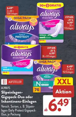 Aldi Süd ALWAYS Slipeinlagen Gigapack-Duo oder Inkontinenz-Einlagen Angebot