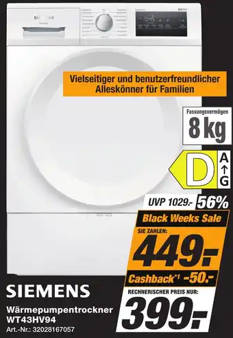 Expert Technomarkt SIEMENS Wärmepumpentrockner WT43HV94 Angebot