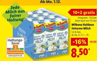 Lidl Milbona haltbare fettarme milch Angebot