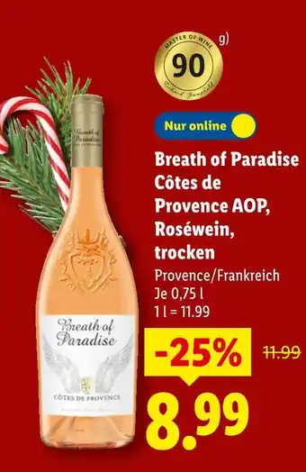 Lidl Breath of paradise côtes de provence aop, roséwein, trocken Angebot