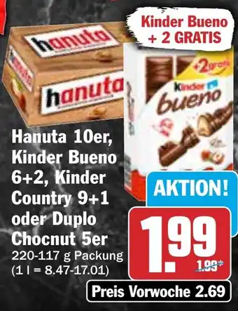 HIT Hanuta 10er, Kinder Bueno 6+2, Kinder Country 9+1 oder Duplo Chocnut 5er Angebot