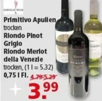 Multi Markt Primitivo Apulien trocken Riondo Pinot Grigio Riondo Merlot della Venezie Angebot