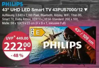 V Markt PHILIPS 43" UHD LED Smart TV 43PUS7000/12 Angebot