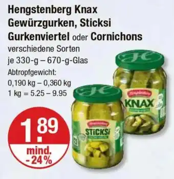 V Markt Hengstenberg Knax Gewürzgurken, Sticksi Gurkenviertel oder Cornichons Angebot