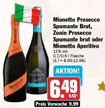 AEZ Mionetto Prosecco Spumante Brut, Zonin Prosecco Spumante brut oder Mionetto Aperitivo Angebot