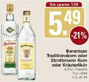 WEZ Berentzen Traditionskorn oder Strothmann Korn oder Kräuterlikör Angebot