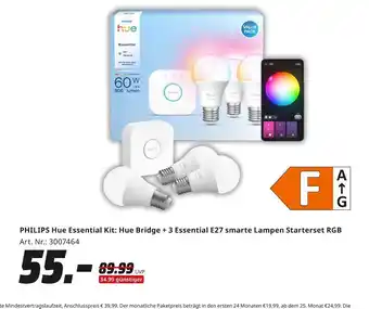 MediaMarkt Philips hue essential kit: hue bridge + 3 essential e27 smarte lampen starterset rgb Angebot
