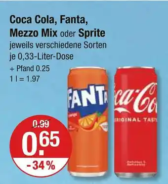 V Markt Coca cola, fanta, mezzo mix oder sprite Angebot