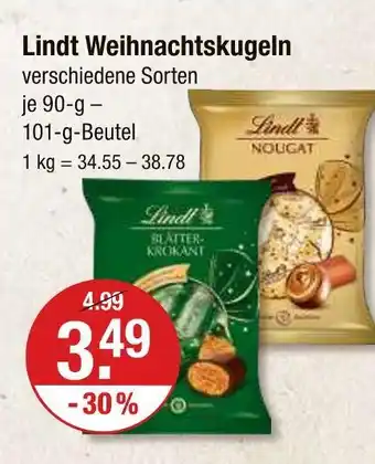 V Markt Lindt weihnachtskugeln blätter-krokant Angebot